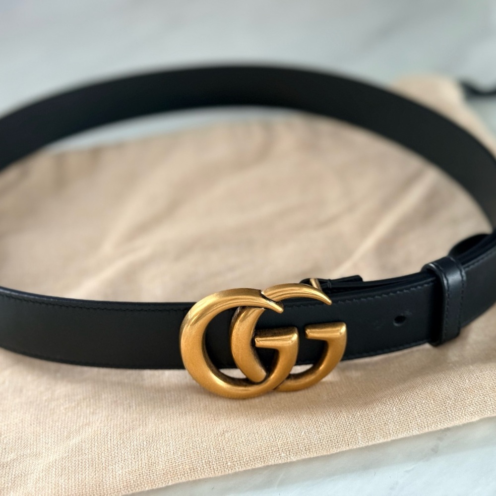 Gucci Black 1” Marmont Belt Antique Gold